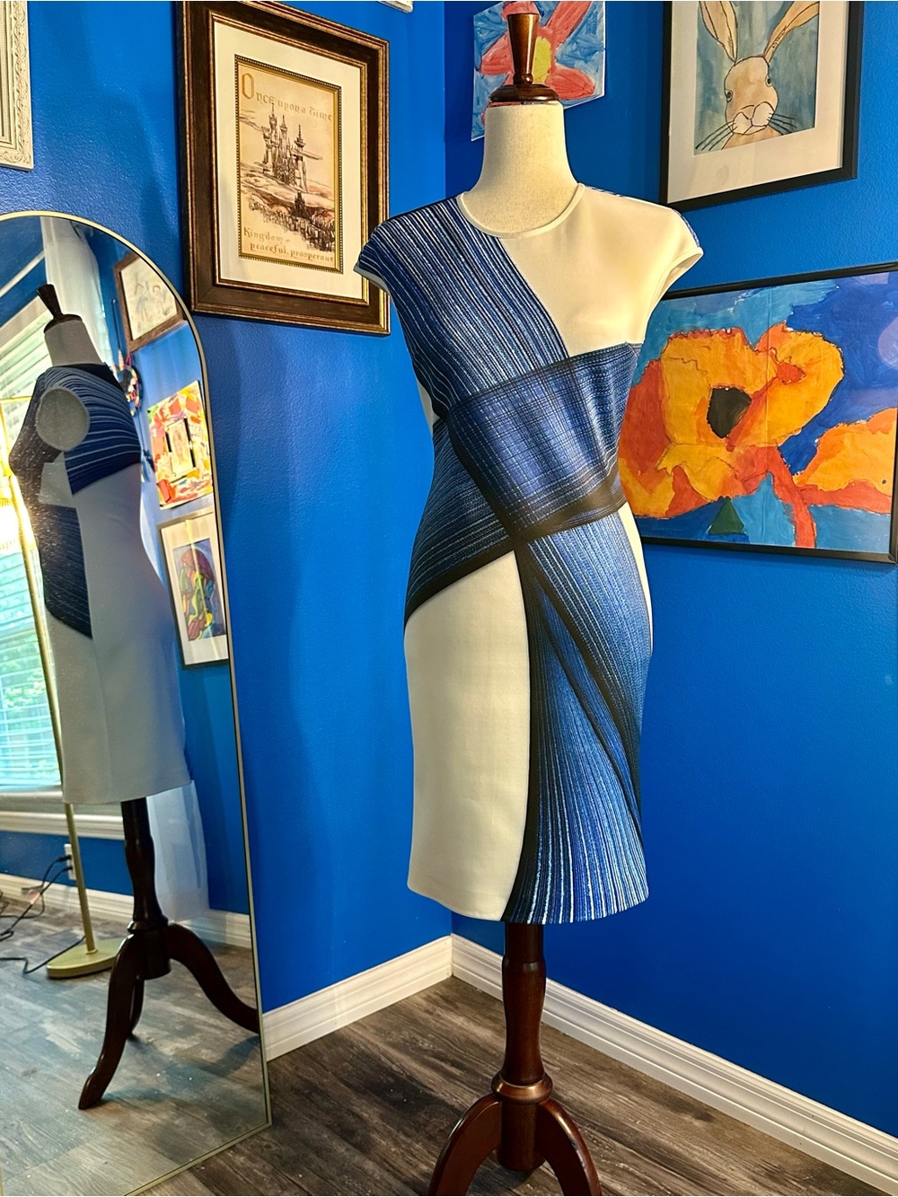 Clover Canyon White and Blue Abstract Sheath Dress
